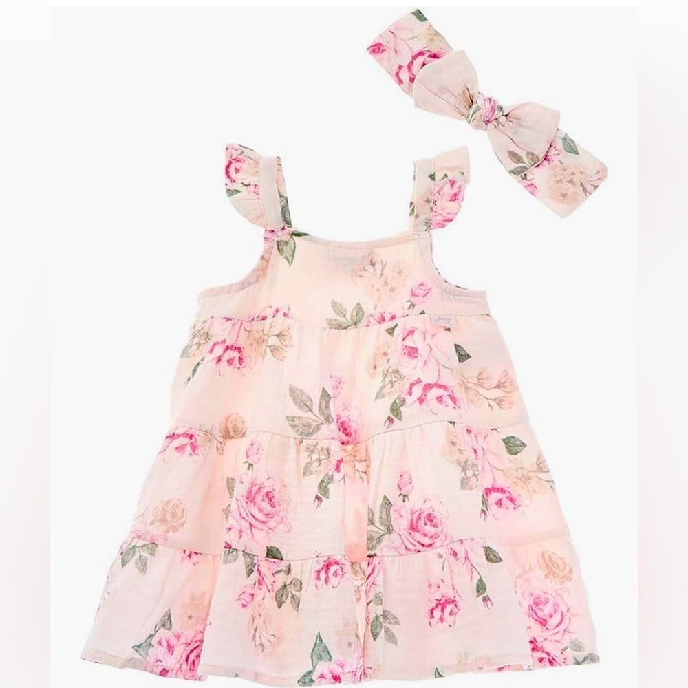 Stunning Juicy Couture floral beige/pink poly/cotton dress with headband.Size24M